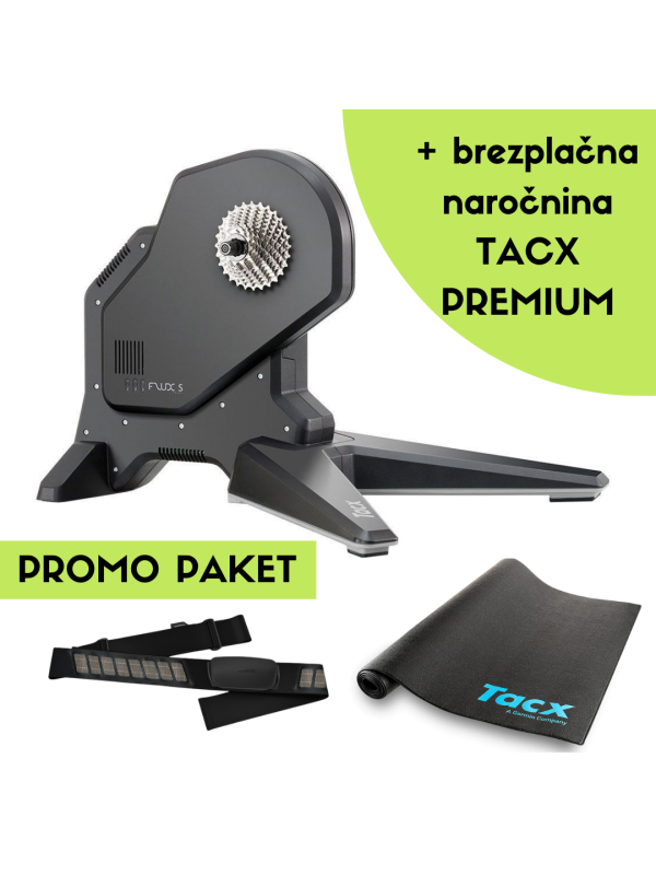 PROMO PAKET: TRENAŽER TACX FLUX S SMART + Garmin HRM Dual + podloga + Tacx Premium naročnina